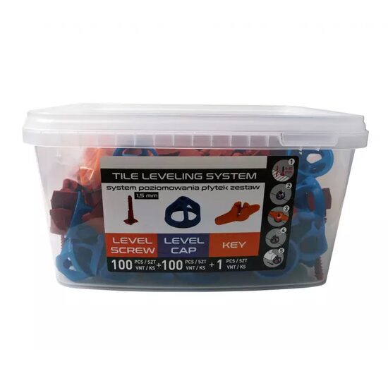 Kerámia burkolólapok kiegyenlítésére és igazítására szolgáló készlet, távtartók 100 db x 1,5 mm, fejek 100 db, kulcs, Festő