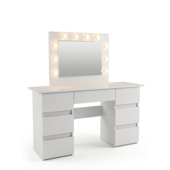 Fényes fehér sminkasztal, tükörrel és LED-ekkel, Vanessa, 130x43x143 cm