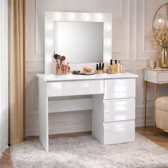 Fényes fehér fésülködő/sminkasztal, tükörrel és LED-ekkel, Irina, 94x43x141 cm