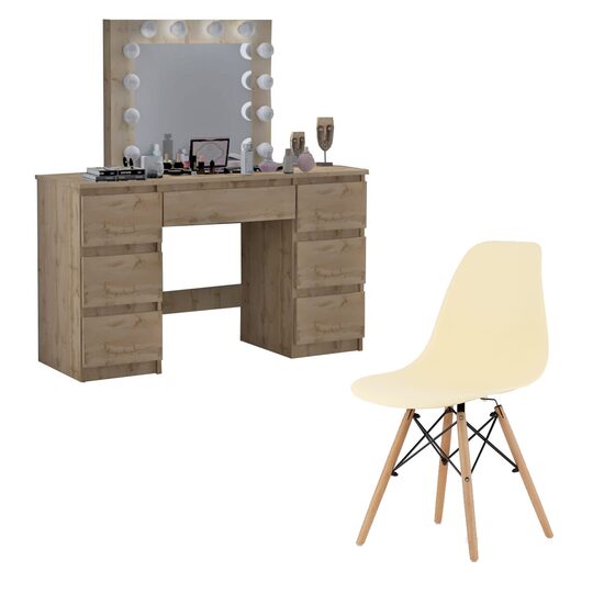 Öltöző/sminkasztal + skandináv stílusú szék, Artool, Vanessa, wotan tölgy, tükörrel és LED-ekkel, 130x43x143 cm