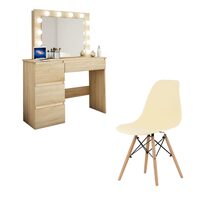Öltöző/sminkasztal + skandináv stílusú szék, Artool, tölgy, tükörrel és LED-ekkel, 94x43x141 cm