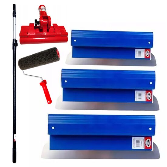 3 db Glett lehúzó, rozsdamentes acél, 25, 40, 60 cm, adapter, teleszkópos nyél 1,2-2,2 m, glettelo henger nyellel, Ergolite