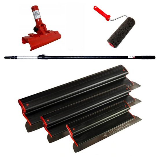 3 db Glett lehúzó, rozsdamentes acél, 40, 60, 80 cm, adapter, teleszkópos nyél 1,2-2,2 m, glettelo henger nyellel, Ergoplast