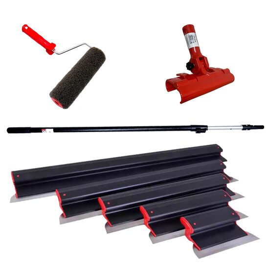 5 db Glett lehúzó, rozsdamentes acél, 25, 40, 60, 80, 100 cm, adapter, teleszkópos nyél 1,2-2,2 m, glettelo henger nyellel, Ergoplast