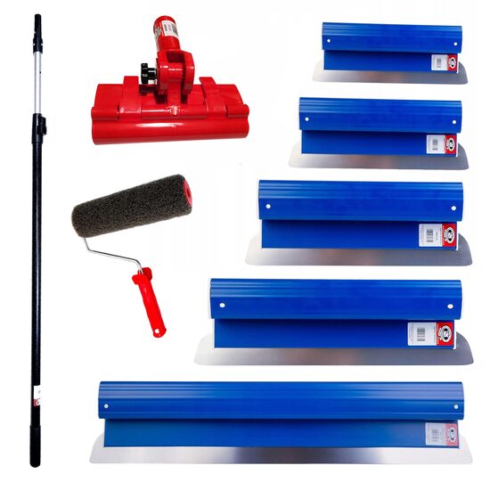 5 db  Glett lehúzó, rozsdamentes acél, 25, 40, 60, 80, 100 cm, adapter, teleszkópos nyél 1,2-2,2 m, glettelo henger nyellel, Ergolite