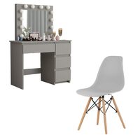 Öltöző/sminkasztal + skandináv stílusú szék, szürke, tükörrel és LED-ekkel, 94x43x141 cm