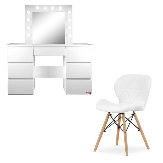 Öltöző/sminkasztal + Lago skandináv stílusú szék, fehér, tükörrel és LED-ekkel, Vanessa, 130x43x143 cm