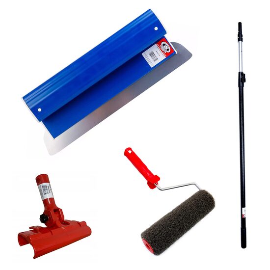 Glett lehúzó, rozsdamentes acél, 40 cm x 0,4 mm, adapter, teleszkópos nyél 1.2-2.2 m, glettelo henger nyellel, Ergolite