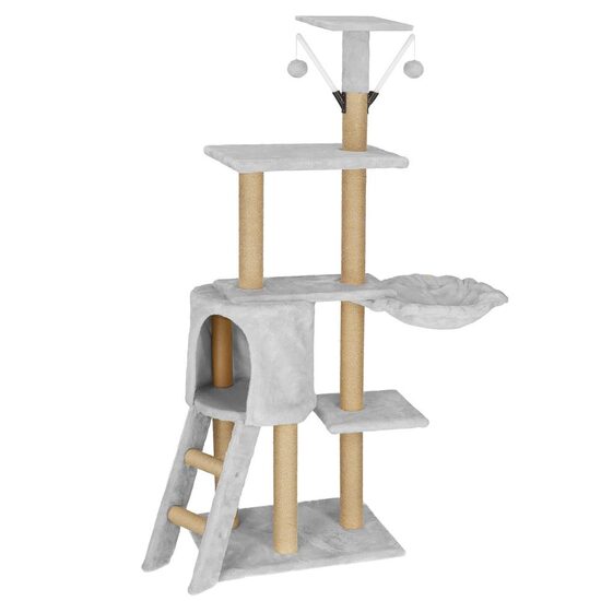 Játszókészlet macskáknak, Springos, emelvényekkel, bojtokkal, ággyal, szürke és bézs, 49x35x136 cm