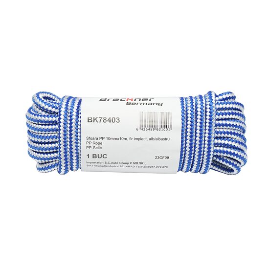 PP kötél, fonott, fehér és kék, 10 mm, 10 m, Breckner Németország