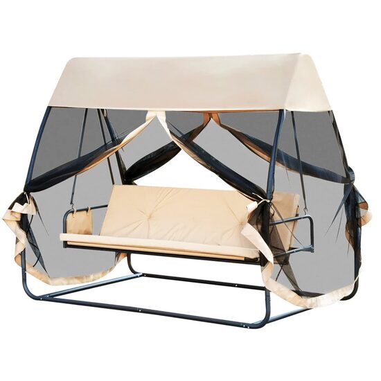 Kerti hinta, 3 férőhelyes, rovarhálóval, krém, 240x135x197 cm, ágyfunkciós, max 300 kg, Madeira