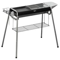 Kerti/kemping faszén grill, hordozható, téglalap alakú grill, polcos, rozsdamentes szerkezet, 96x61x72 cm