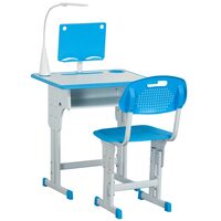 Íróasztal székkel 6-12 éves gyerekeknek, állítható magasságú, PP, MDF, acél, USB lámpa, kék