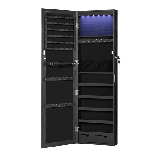 Fali szekrény tükörrel ékszerekhez, Artool, MDF, alsó polc, fekete, 37x10x120 cm