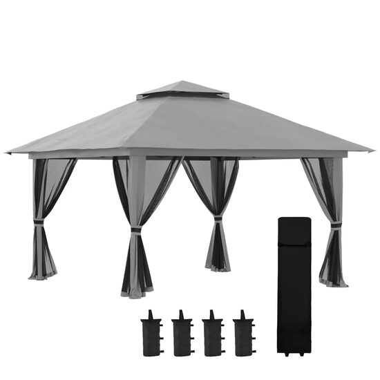 Kert/terasz pavilonja, állítható magasságú összecsukható, Oxford anyagú, fém kerettel, rovarhálóval, 4db ellensúllyal, szürke, 3,92x3,92x2,83 m
