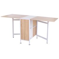 Étkező/nappali asztal, kihúzható, MDF, fém, fehér és tölgy, 3 belső polccal, 33-169x62x75 cm