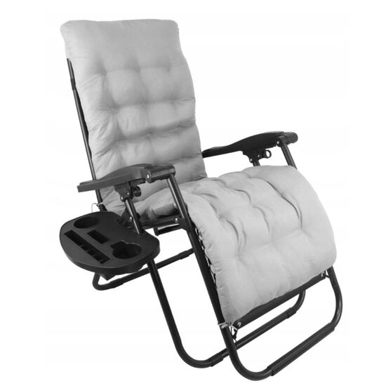 Kerti nyugágy, fém, összecsukható, párnával, telefontartóval, üveg/üveg, szürke és fekete, max 120 kg, 176x65x106 cm, Chomik