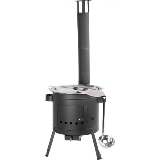 Tűzhely bográcsos/edényes, füstcsövekkel, 42 cm, 22 L bogrács, lengyel, fakanál, Strend Pro