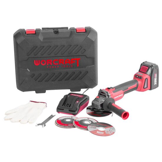 Sarokcsiszoló, flex, 4 Ah akkumulátorral, 20 V-os Li-ion töltővel, táskával, 4 tárcsával, kesztyűvel, 115 mm, Warcraft