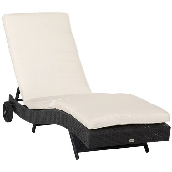 Kerti nyugágy, kerekekkel, állítható, szintetikus rattan, fekete és bézs, 207x70x70 cm
