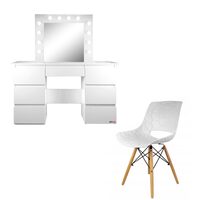 Sminkasztal + Lars szék, fehér, tükörrel és LED-ekkel, Vanessa, 130x43x143 cm