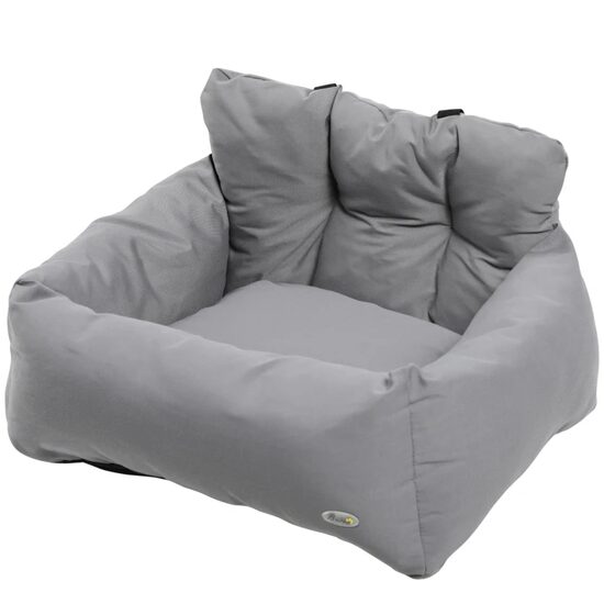 Autósülés kutyának/macskának, puha ágy típus, Oxford anyag, pamut, övvel, szürke, 50x54x33 cm