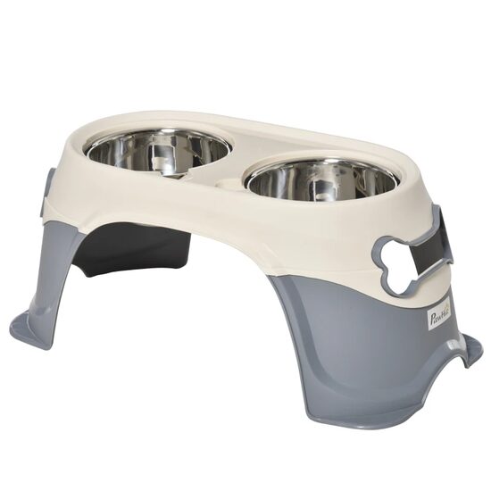 Tál, tál, kutyáknak, dupla, emelt tartó, rozsdamentes acél és műanyag, szürke és bézs, 47x20x25 cm