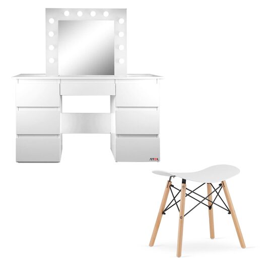 pipere/sminkasztal + korfui szék, fehér, tükörrel és LED-ekkel, Vanessa, 130x43x143 cm