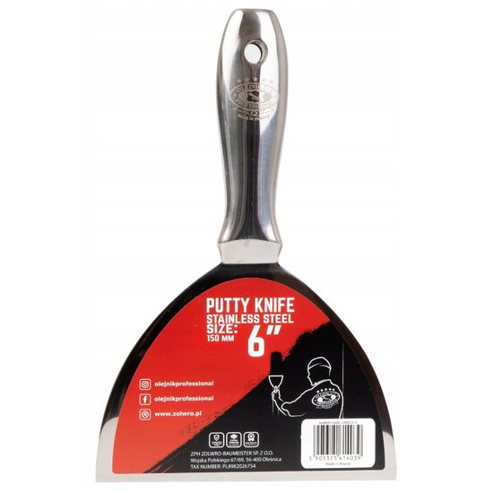 Rozsdamentes acél spatula, fém nyél, 150 mm, Olejnik