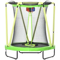 Gyerek trambulin 3-10 éves korig, 140x155 cm, védőhálóval, kosárlabda karikával, 20 db színes labdával, zöld és sárga, max 50 kg