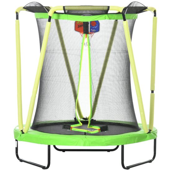 Gyerek trambulin 3-10 éves korig, 140x155 cm, védőhálóval, kosárlabda karikával, 20 db színes labdával, zöld és sárga, max 50 kg