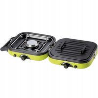 Kemping tűzhely, hordozható, Meva, 2 az 1-ben, két égős, főzőlappal, 230/450 g gázadaghoz