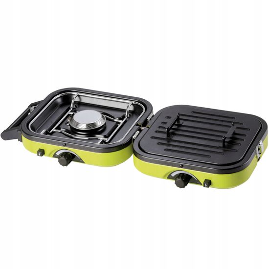 Kemping tűzhely, hordozható, Meva, 2 az 1-ben, két égős, főzőlappal, 230/450 g gázadaghoz