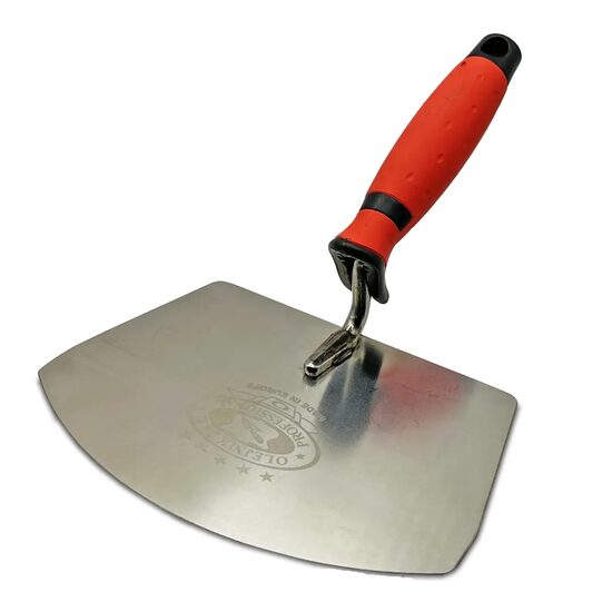 Rozsdamentes acél simító, Olejnik, trapéz, félkör, 160 mm, puha nyél, piros