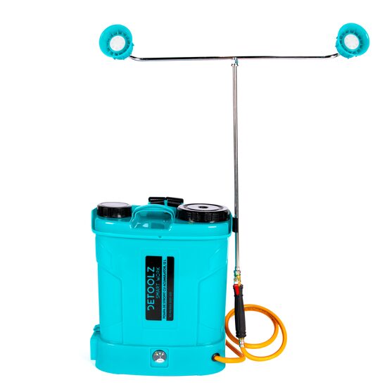 Kerti permetező, permetező pumpa, vermorel, Detoolz, elektromos, hátul, 8 Ah akkuval, tartozékokkal, 12 L