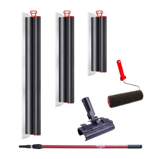 3 db professzionális készlet, glett lehúzó rozsdamentes acél, 40, 60, 80 cm, adapter, hosszabbító nyél 1,2-2,2 m, tekercs, Lanoliv