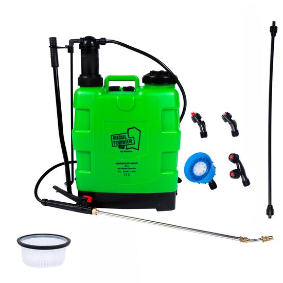 Kerti permetező, permetező pumpa, vermorel, Little Farmer, kézikönyv, hátul, tartozékokkal, 20 L