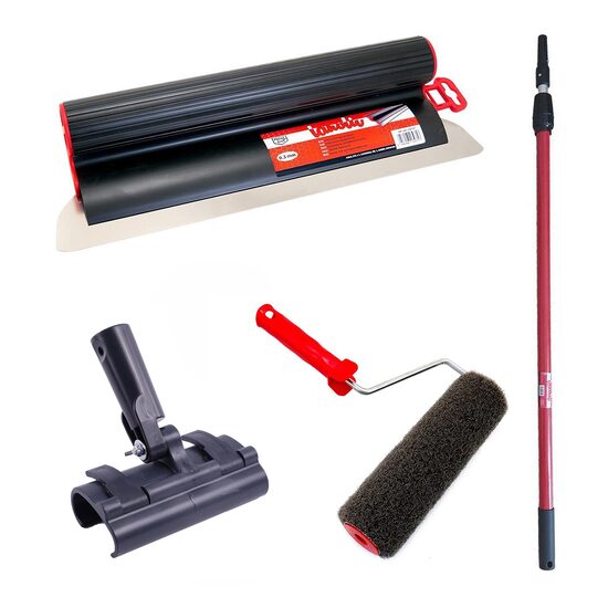 Professzionális glett lehúzó, rozsdamentes acél, 80 cm x 0,3 mm, adapter, hosszabbító nyél 1,2-2,2 m, simítóhenger, Lanoliv