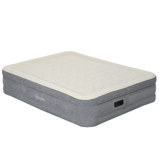 Kempingmatrac, felfújható, beépített elektromos pumpával, 220-240 V, PVC, szürke és bézs, 203x92x46 cm