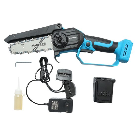 Elektromos láncfűrész ágakhoz, 2 Ah akkumulátorral, 21V Li-Ion töltővel, táskával, 18 cm