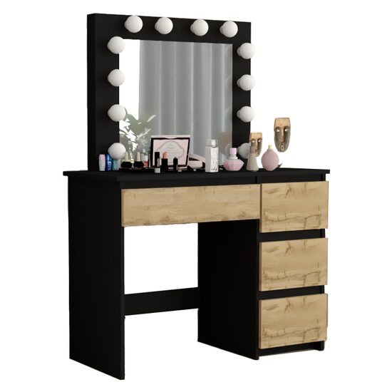 Sminkasztal, fekete és Wotan tölgy, tükörrel és LED-ekkel, Irina, 94x43x141 cm
