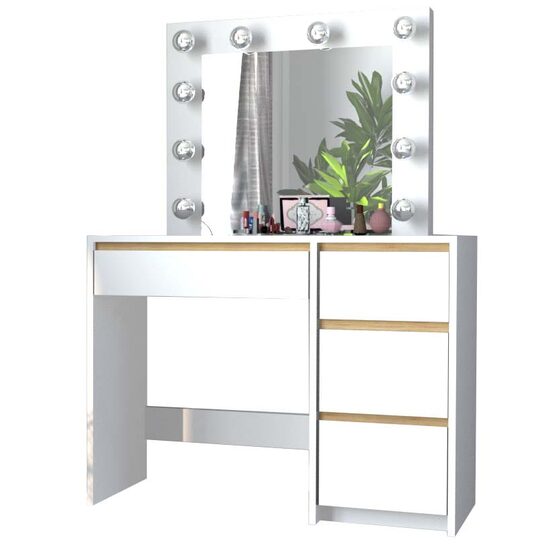 Sminkasztal, fényes fehér és tölgyfa Sonoma, tükörrel és LED-del, Irina, 94x43x141 cm