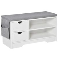 Cipőtároló pad, előszoba cipőtartó, MDF, 2 polc, 2 fiók, 1 oldalzseb, fehér, 80,5x30,5x43,5 cm