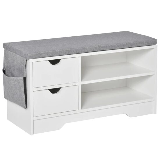 Cipőtároló pad, előszoba cipőtartó, MDF, 2 polc, 2 fiók, 1 oldalzseb, fehér, 80,5x30,5x43,5 cm