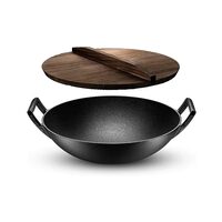 Wok típusú öntöttvas fazék fa fedővel, 36,5x10 cm, Perfect Home