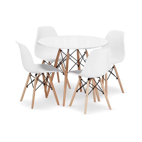 Skandináv stílusú kerek asztalkészlet + 4 db fehér Osaka szék, Artool, MDF és fa, 90x72 cm