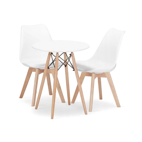 Skandináv stílusú kerek asztal + 2 szék Mark, Artool, MDF és fa, fehér, 60x72 cm