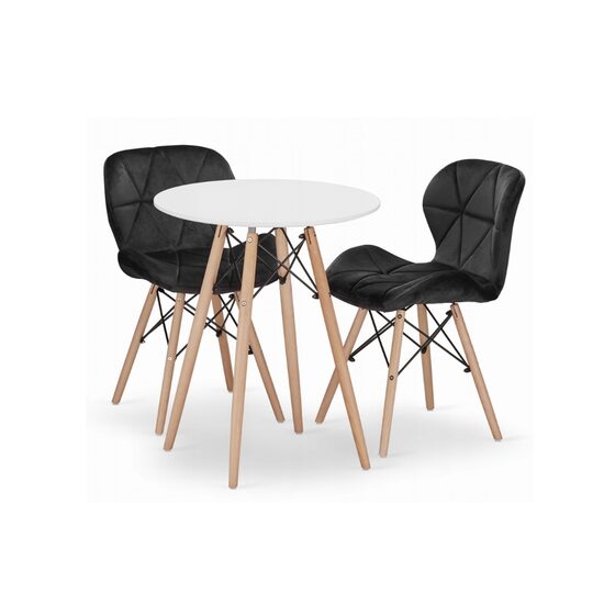 Skandináv stílusú kerek asztalkészlet + 2db Lago bársony szék, Artool, MDF és fa, fekete-fehér, 60x72 cm