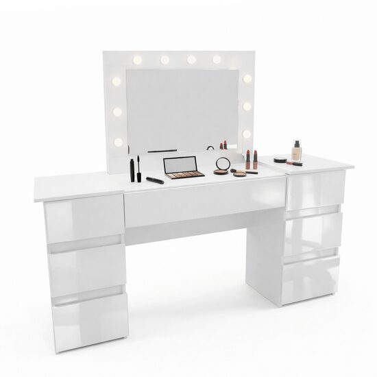 Masa de toaleta/machiaj, alba, sertare lucioase , cu oglinda alba si LED-uri, Silvia, 155x42x135 cm (140829)