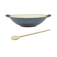 Vas de fonta tip Wok, emailat, 35.5x11 cm, cu lingura de lemn, Perfect Home (140911)